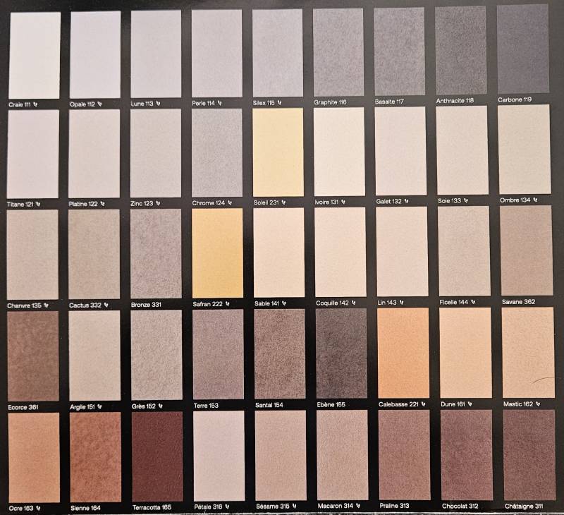 Nuancier du LucemChoc formulé par AdLucem fabricant de mortier minéral taloché bi-composant teinté dans la masse Béton ciré-BR Home